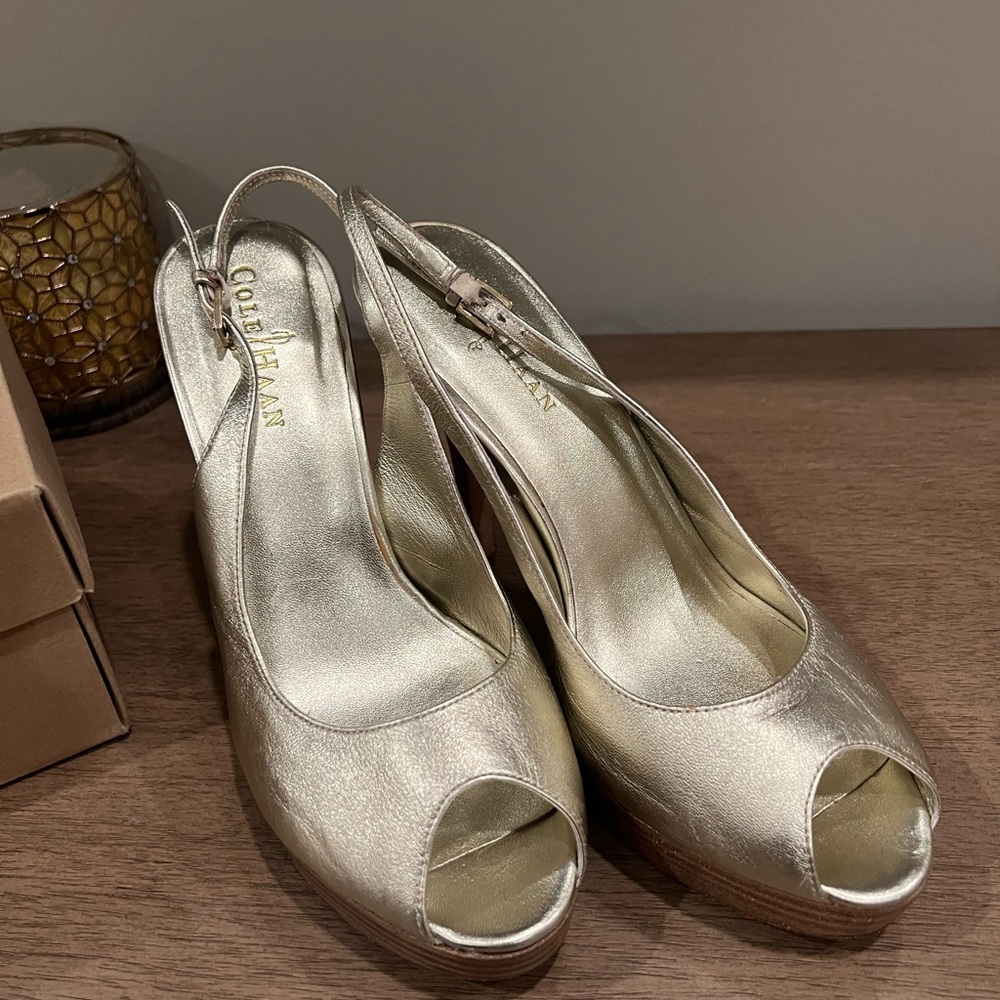Cole Haan Gold Slingback Heels with Peep Toe